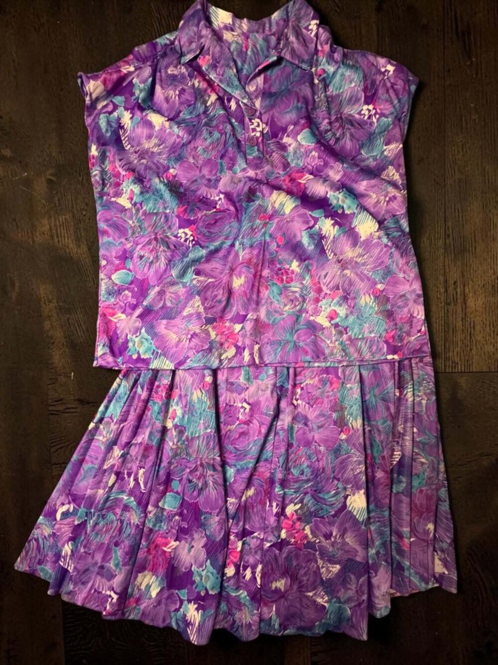 Vintage 80s Ms Lea Casuals Purple Floral Skirt Set 2 Pc Polyester Pleated L/XL